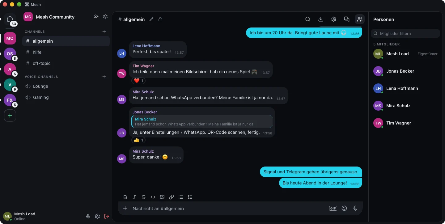 Mesh auf dem Mac: der Space „Mesh Community“ mit Text- und Sprachkanälen, rechts die Mitglieder